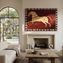 Golden Horse Runs Starlight - star pattern horse painting by Isabelle Laurent, modern Western horizontal wall art – styled room scene view 1