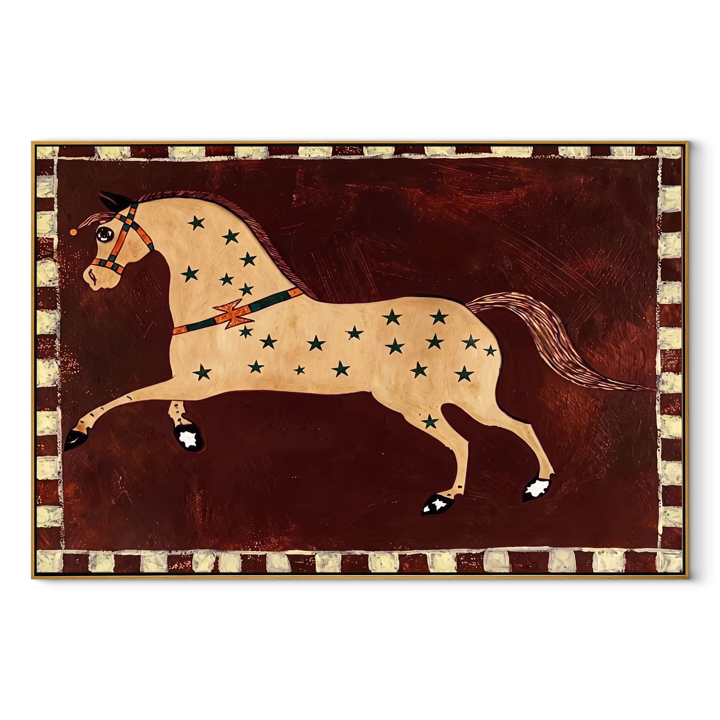 Golden Horse Runs Starlight - star pattern horse painting by Isabelle Laurent, modern Western horizontal wall art – wood frame on white background
