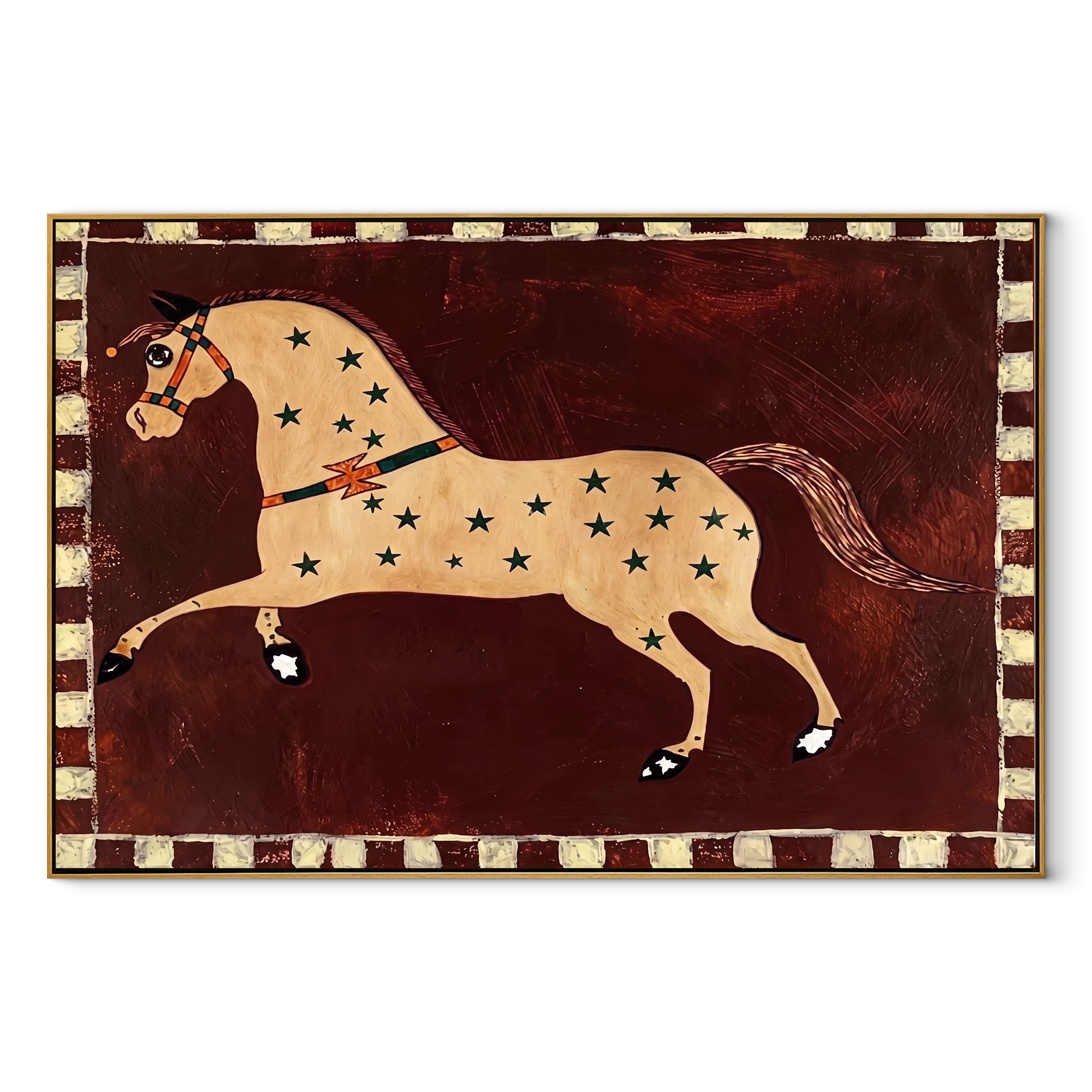 Golden Horse Runs Starlight - star pattern horse painting by Isabelle Laurent, modern Western horizontal wall art – wood frame on white background