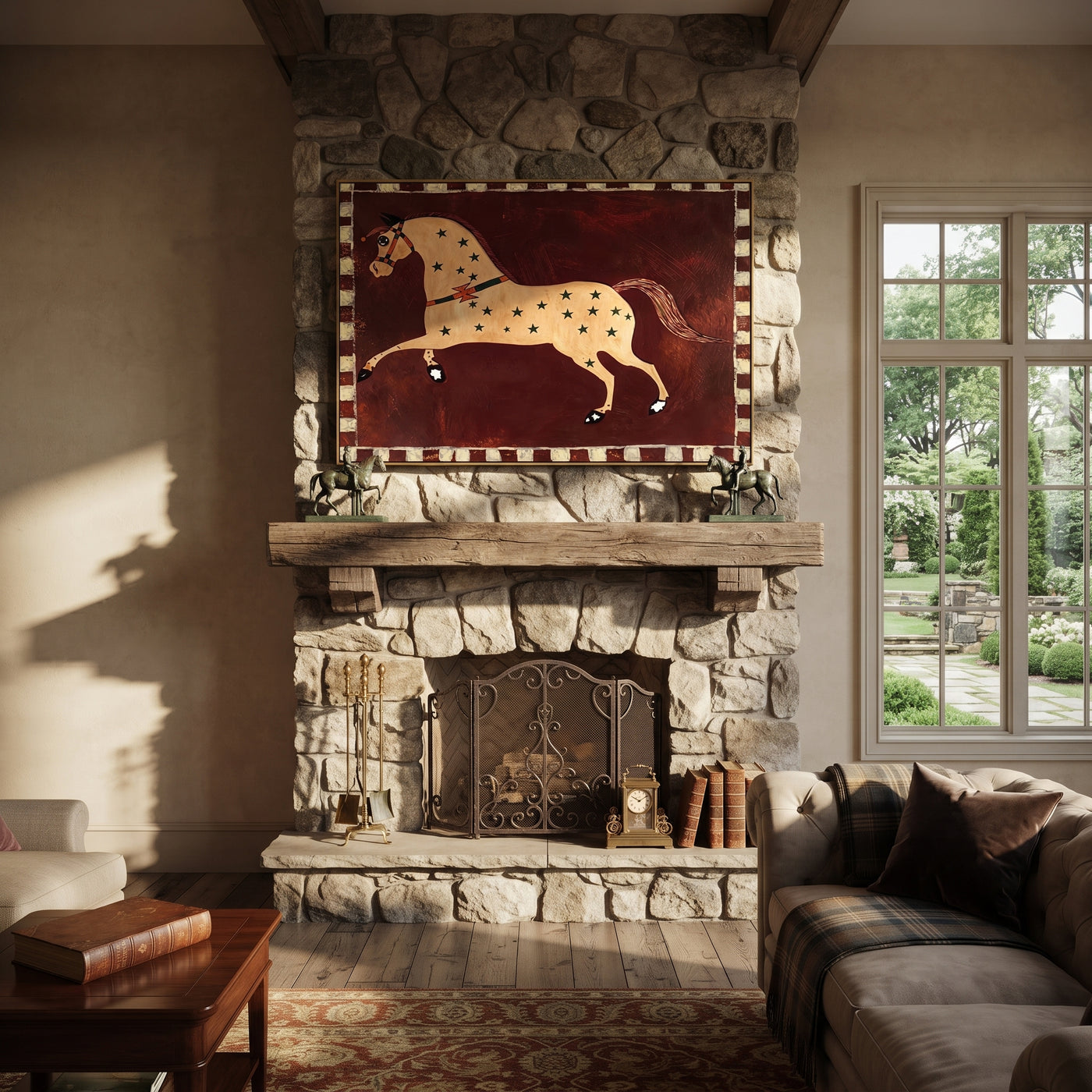 Golden Horse Runs Starlight - star pattern horse painting by Isabelle Laurent, modern Western horizontal wall art – styled room scene view 2