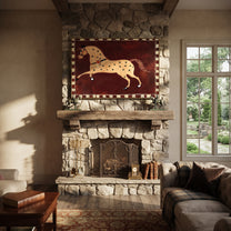 Golden Horse Runs Starlight - star pattern horse painting by Isabelle Laurent, modern Western horizontal wall art – styled room scene view 2