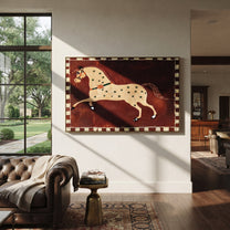 Golden Horse Runs Starlight - star pattern horse painting by Isabelle Laurent, modern Western horizontal wall art – styled room scene view 3
