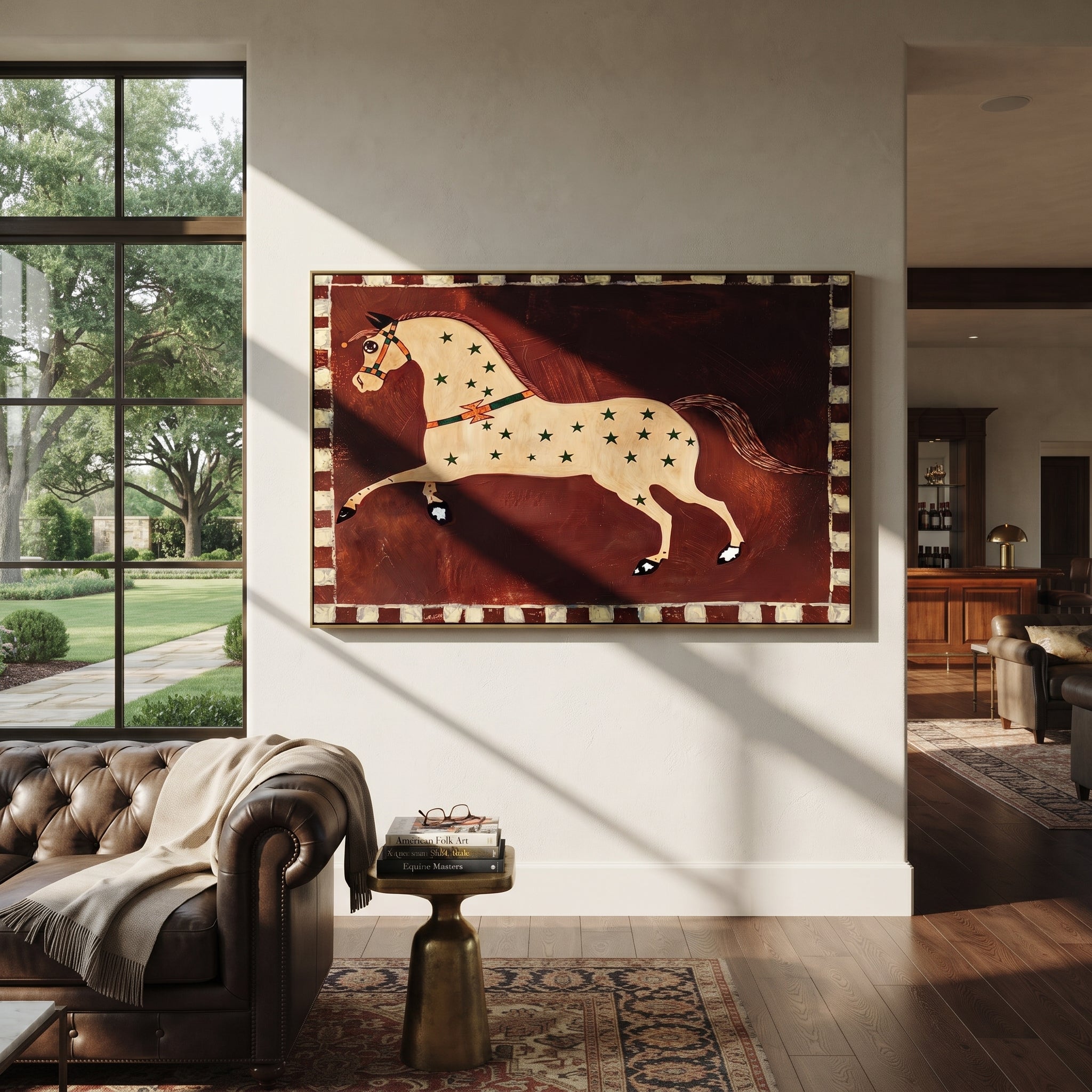 Golden Horse Runs Starlight - star pattern horse painting by Isabelle Laurent, modern Western horizontal wall art – styled room scene view 3