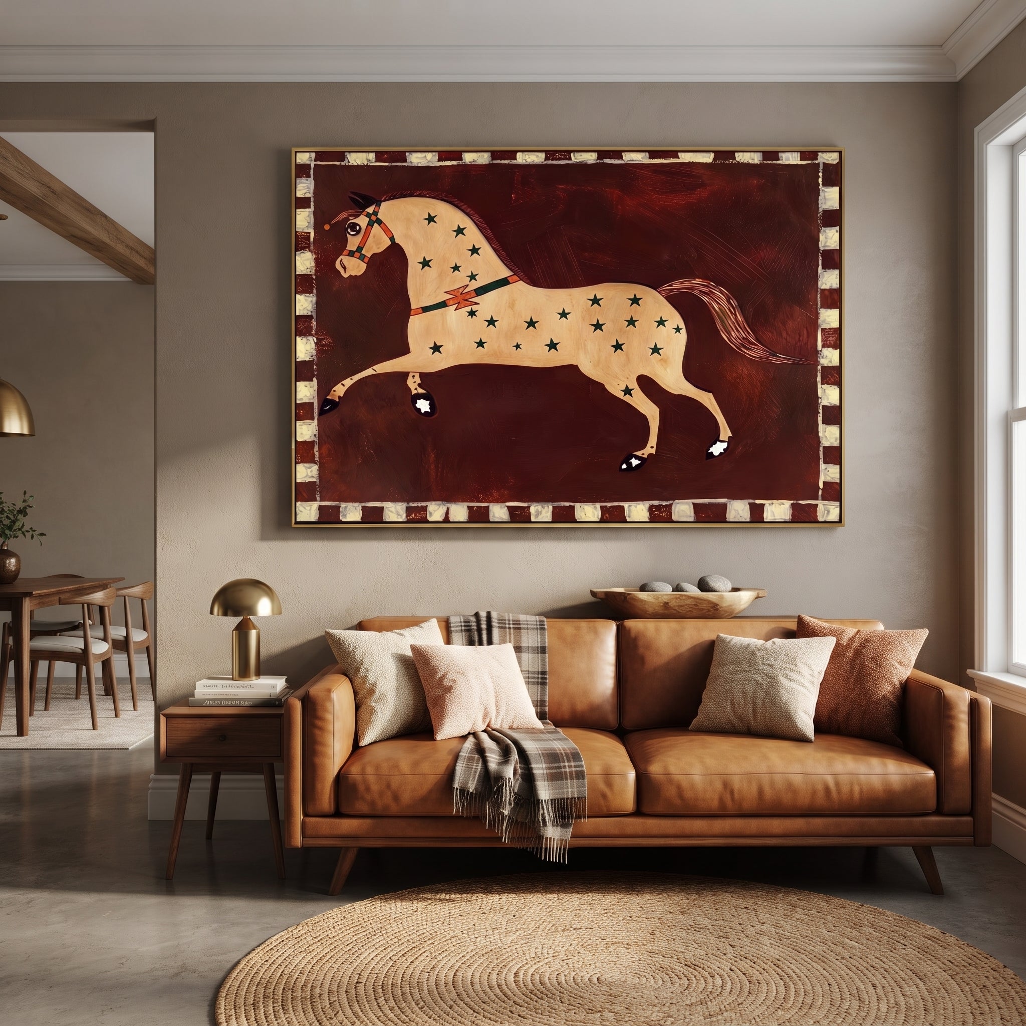 Golden Horse Runs Starlight - star pattern horse painting by Isabelle Laurent, modern Western horizontal wall art – styled room scene view 4