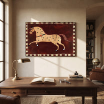 Golden Horse Runs Starlight - star pattern horse painting by Isabelle Laurent, modern Western horizontal wall art – styled room scene view 5