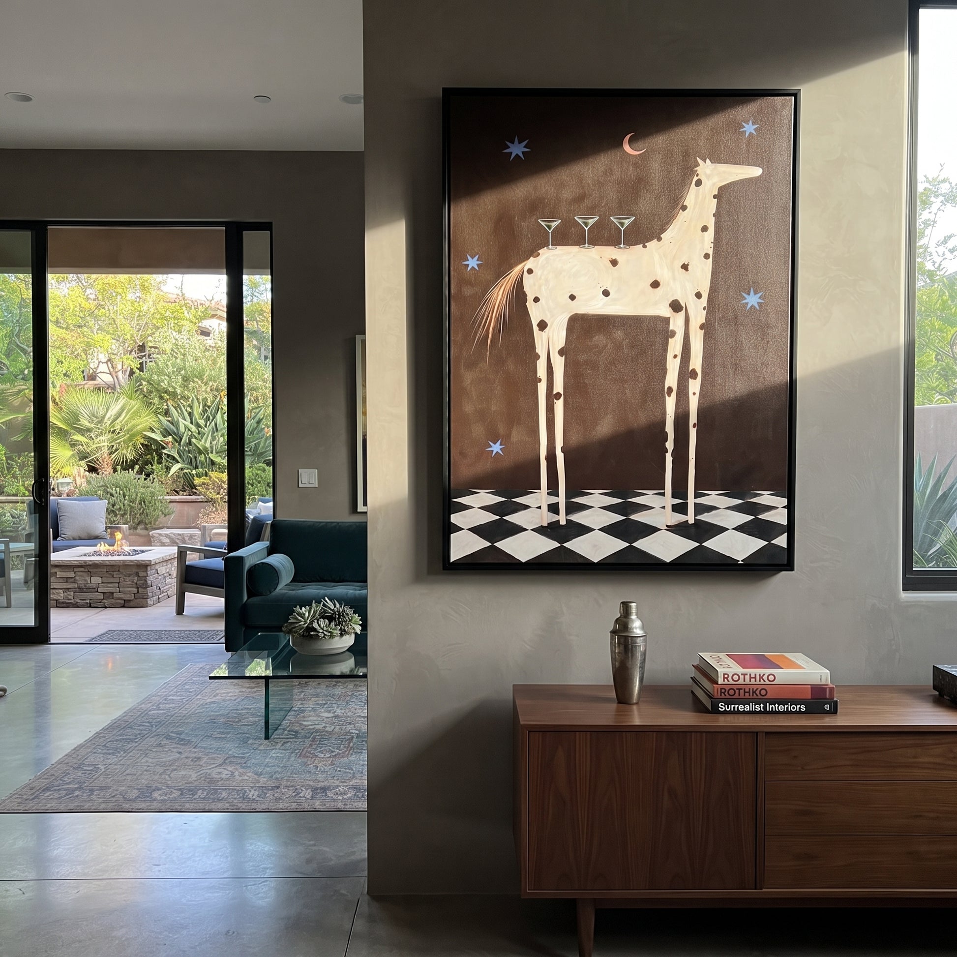 Three Martinis Crown Dapples - spotted horse cocktail painting by Isabelle Laurent, modern Western vertical wall art – styled room scene view 1