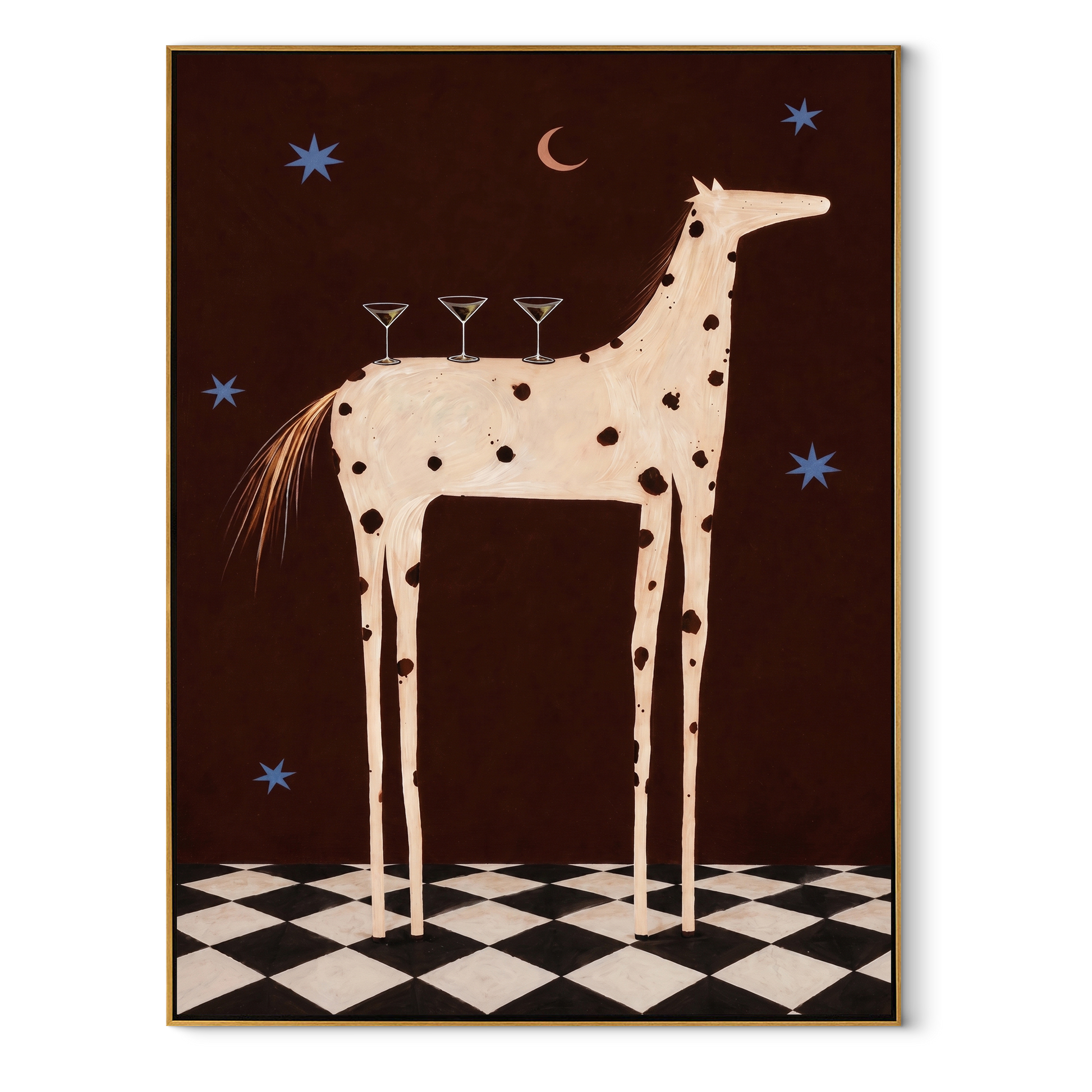 Three Martinis Crown Dapples - spotted horse cocktail painting by Isabelle Laurent, modern Western vertical wall art – wood frame on white background