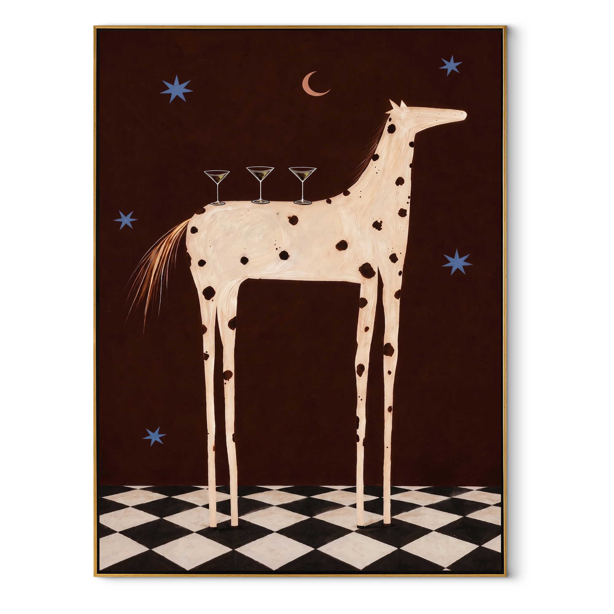 Three Martinis Crown Dapples - spotted horse cocktail painting by Isabelle Laurent, modern Western vertical wall art – wood frame on white background