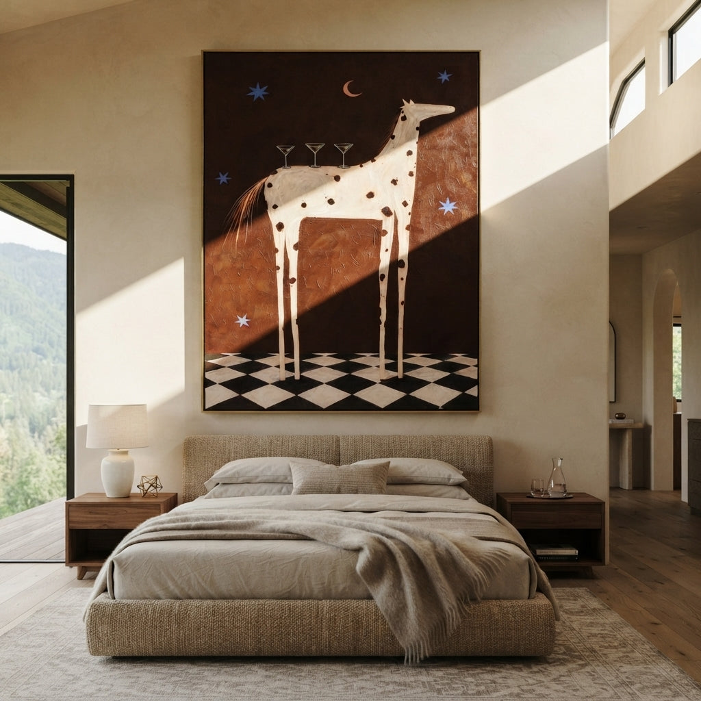 Three Martinis Crown Dapples - spotted horse cocktail painting by Isabelle Laurent, modern Western vertical wall art – styled room scene view 3