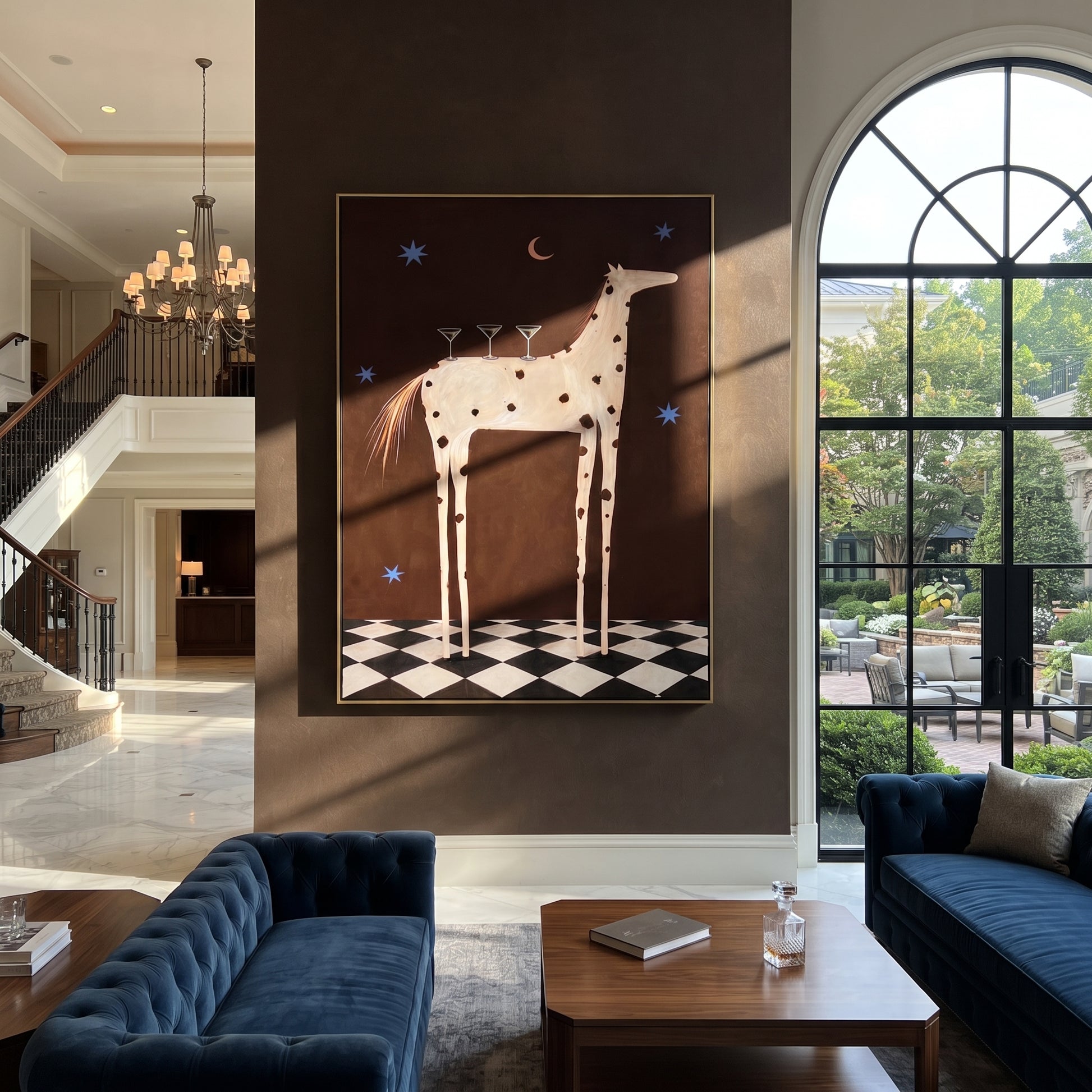 Three Martinis Crown Dapples - spotted horse cocktail painting by Isabelle Laurent, modern Western vertical wall art – styled room scene view 4