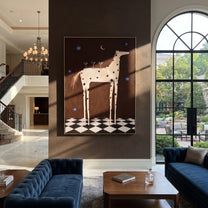 Three Martinis Crown Dapples - spotted horse cocktail painting by Isabelle Laurent, modern Western vertical wall art – styled room scene view 4