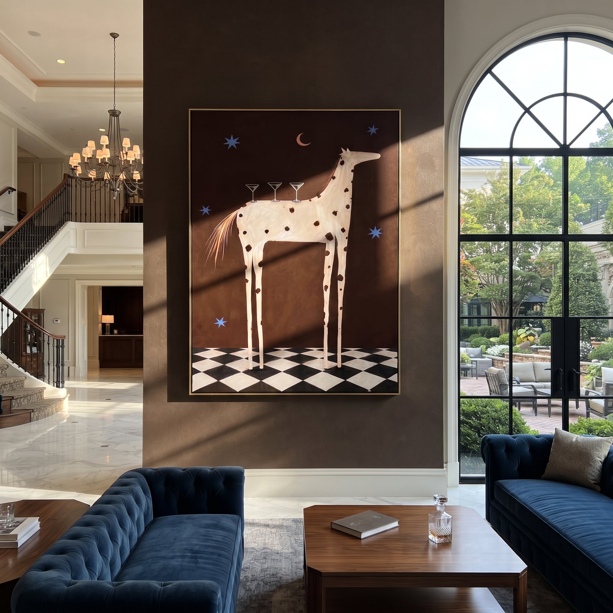 Three Martinis Crown Dapples - spotted horse cocktail painting by Isabelle Laurent, modern Western vertical wall art – styled room scene view 4