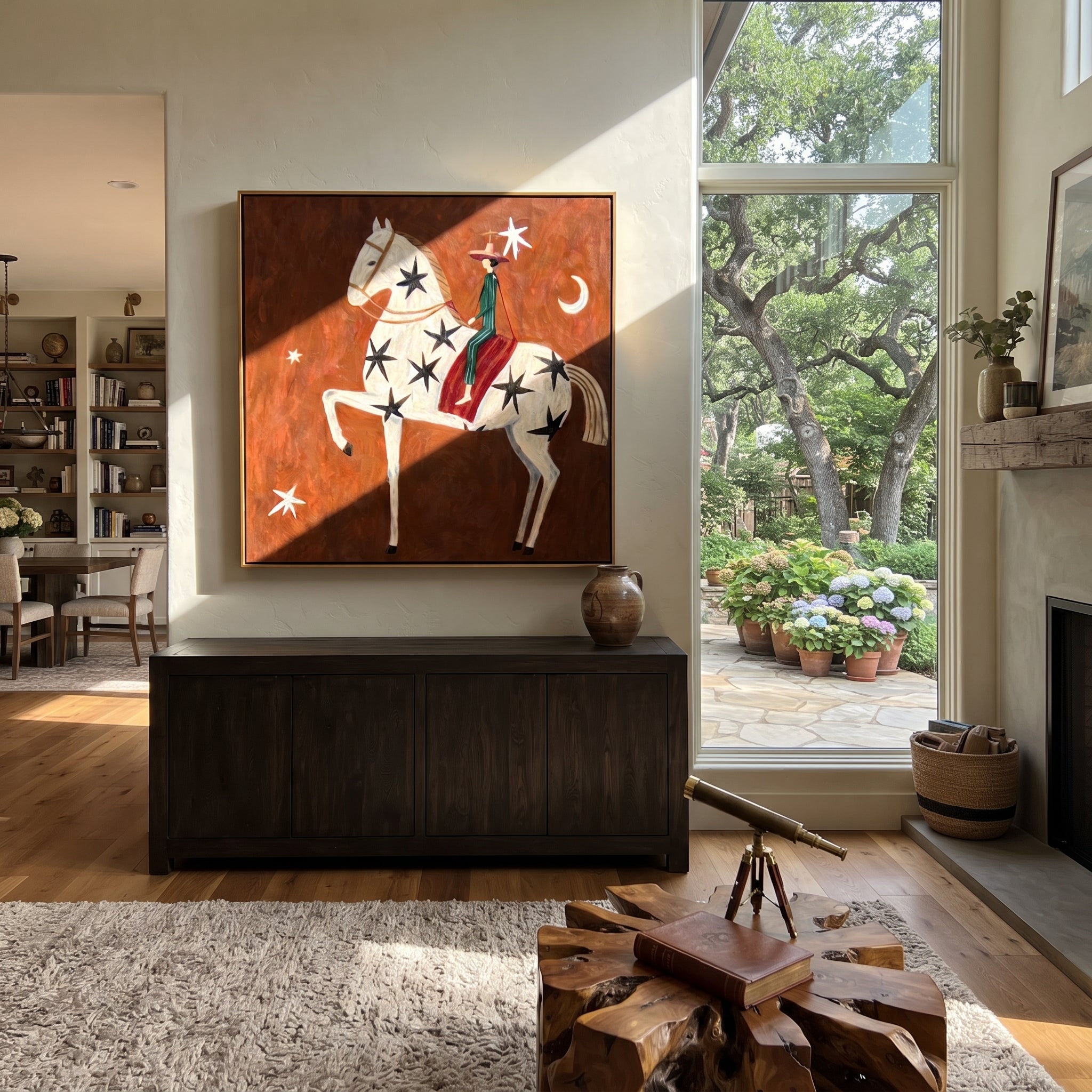 Black Stars Lift Ivory - celestial horse rider painting by Isabelle Laurent, modern Western square wall art – styled room scene view 1