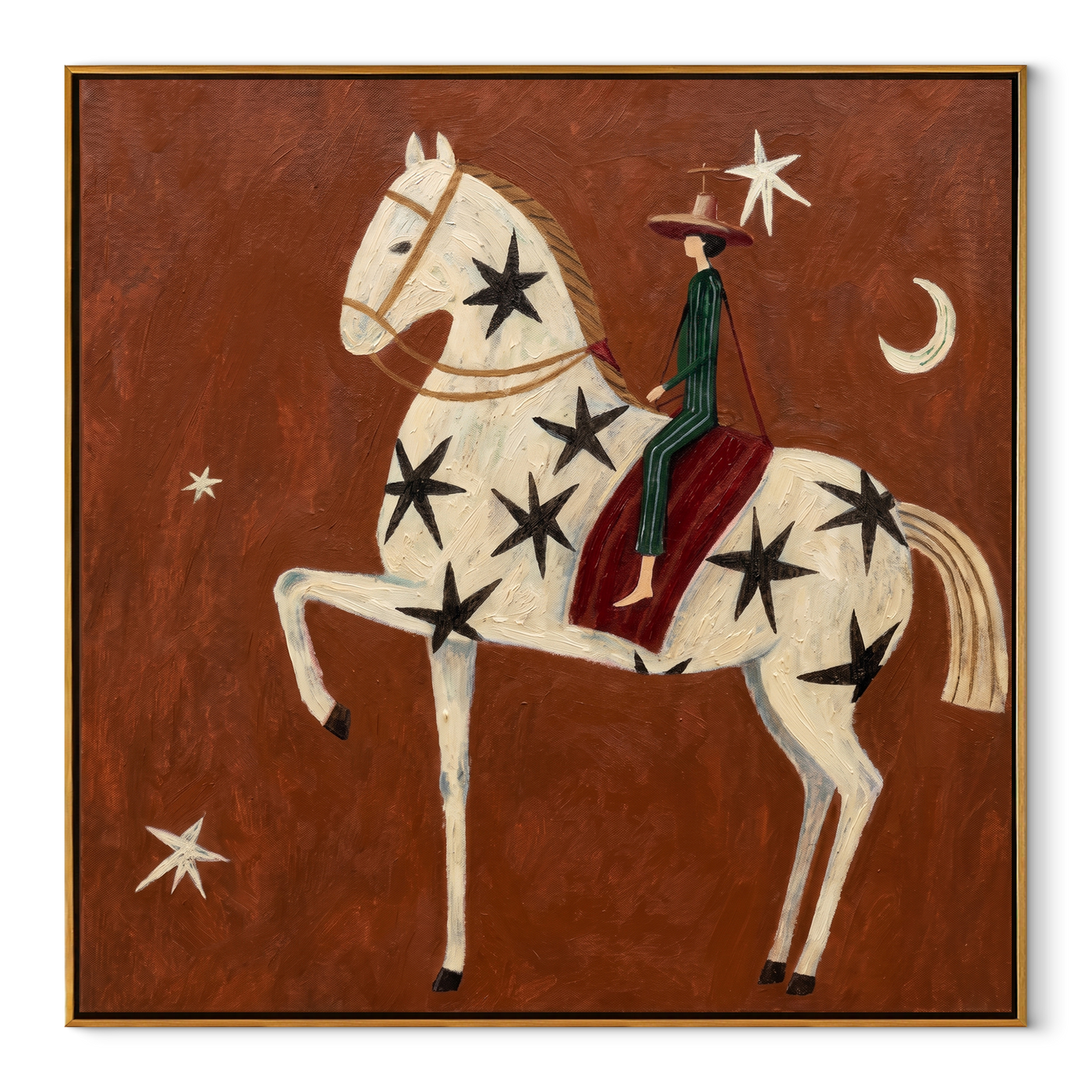Black Stars Lift Ivory - celestial horse rider painting by Isabelle Laurent, modern Western square wall art – wood frame on white background