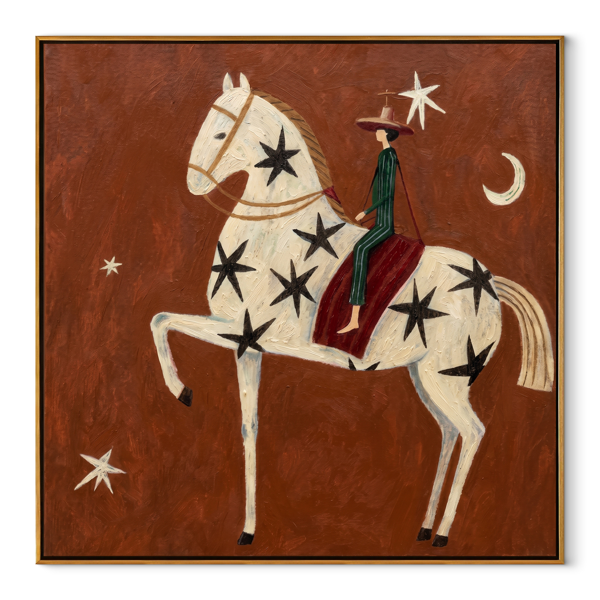 Black Stars Lift Ivory - celestial horse rider painting by Isabelle Laurent, modern Western square wall art – wood frame on white background