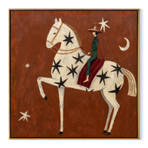 Black Stars Lift Ivory - celestial horse rider painting by Isabelle Laurent, modern Western square wall art – wood frame on white background