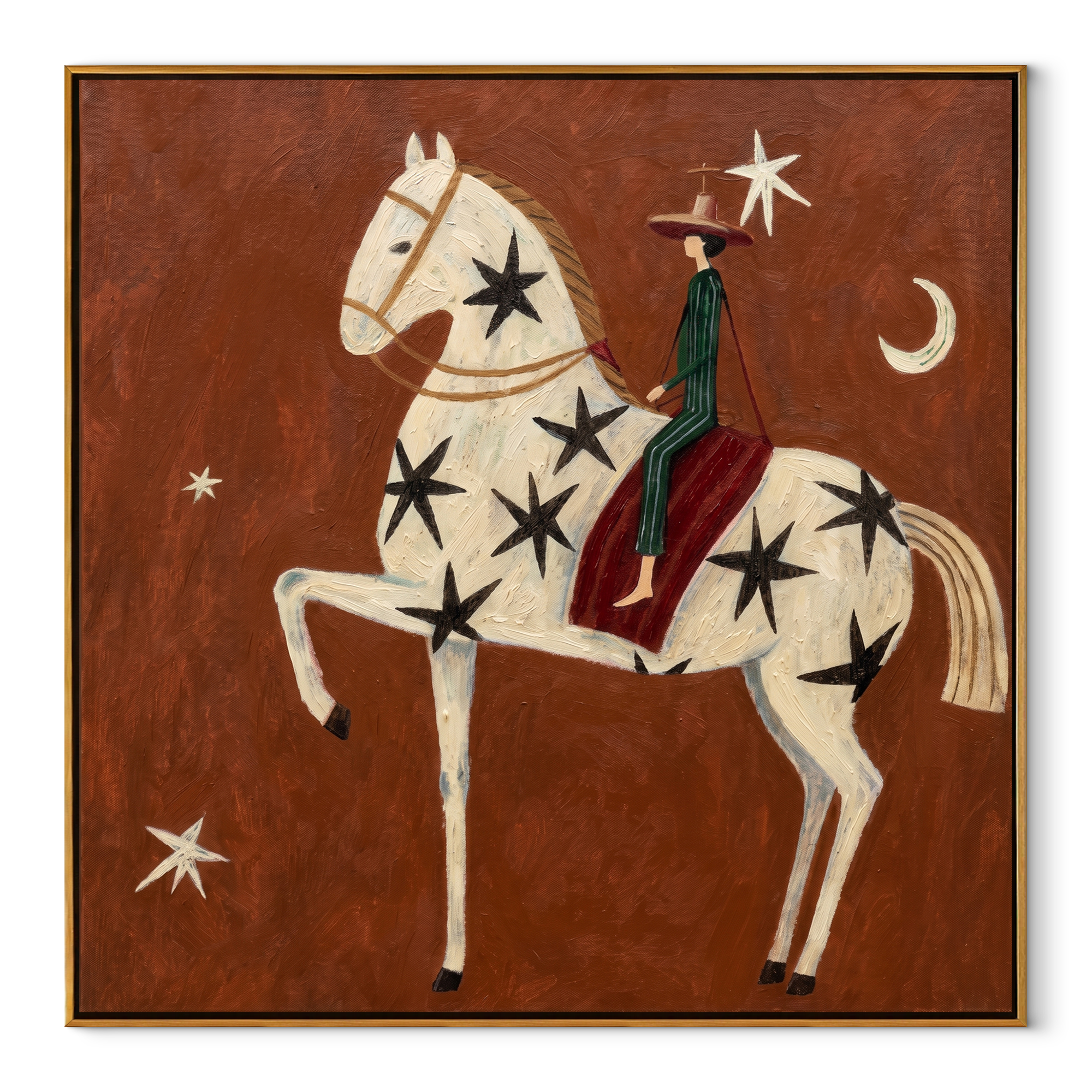 Black Stars Lift Ivory - celestial horse rider painting by Isabelle Laurent, modern Western square wall art – wood frame on white background