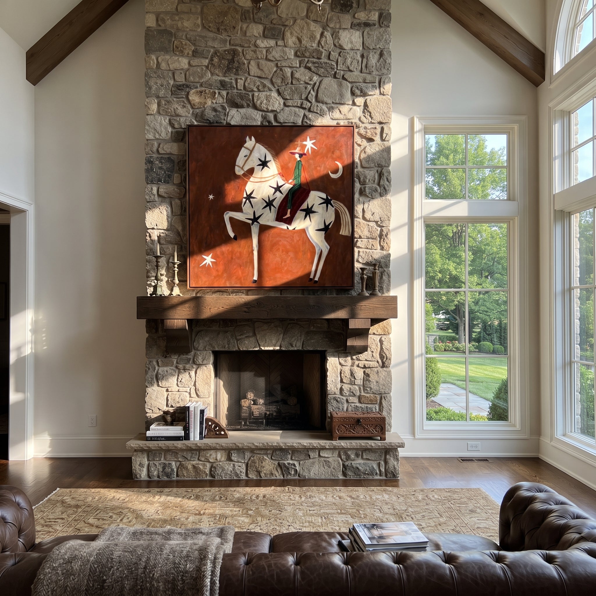 Black Stars Lift Ivory - celestial horse rider painting by Isabelle Laurent, modern Western square wall art – styled room scene view 2