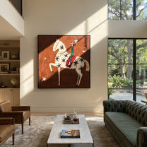 Black Stars Lift Ivory - celestial horse rider painting by Isabelle Laurent, modern Western square wall art – styled room scene view 3