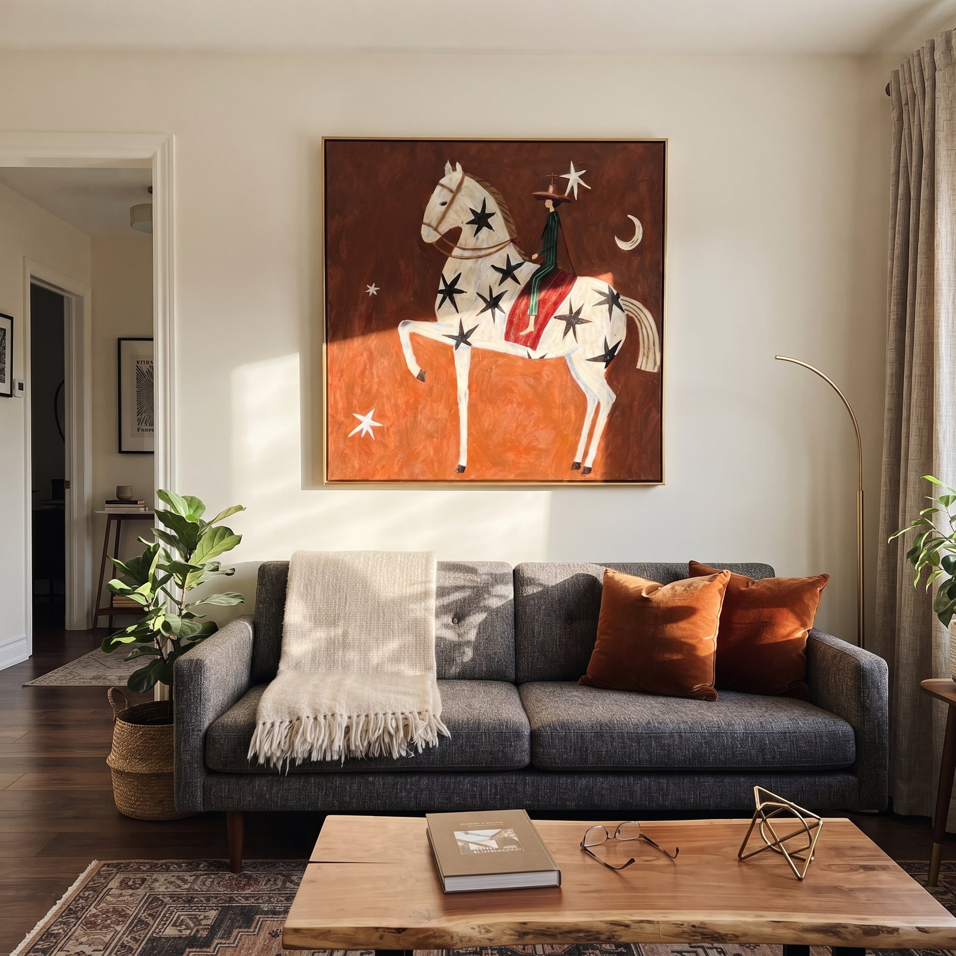 Black Stars Lift Ivory - celestial horse rider painting by Isabelle Laurent, modern Western square wall art – styled room scene view 4