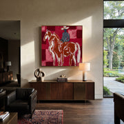 White Horses Face Away - two horse riders painting by Isabelle Laurent, modern Western square wall art – styled room scene view 1