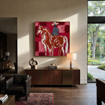 White Horses Face Away - two horse riders painting by Isabelle Laurent, modern Western square wall art – styled room scene view 1