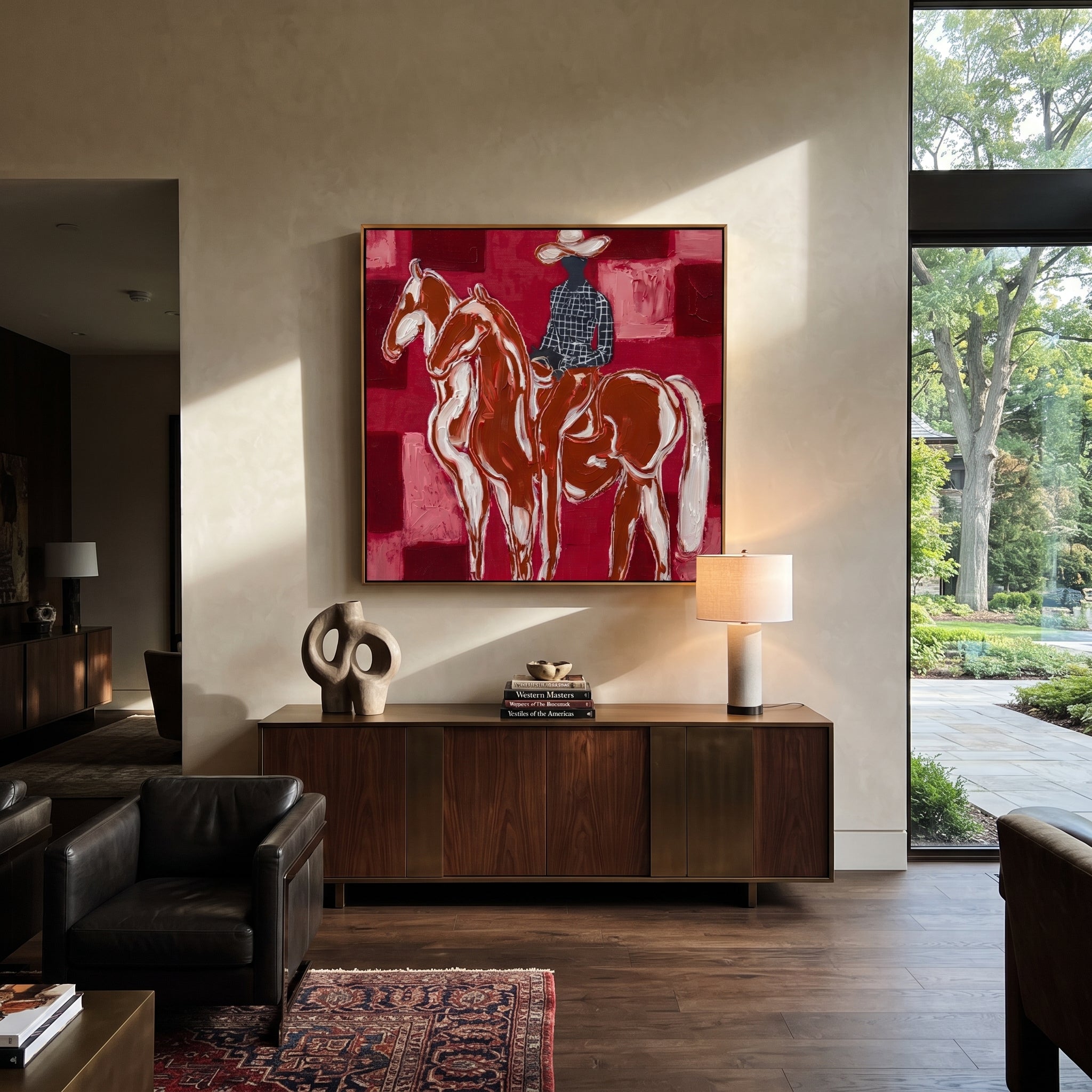 White Horses Face Away - two horse riders painting by Isabelle Laurent, modern Western square wall art – styled room scene view 1