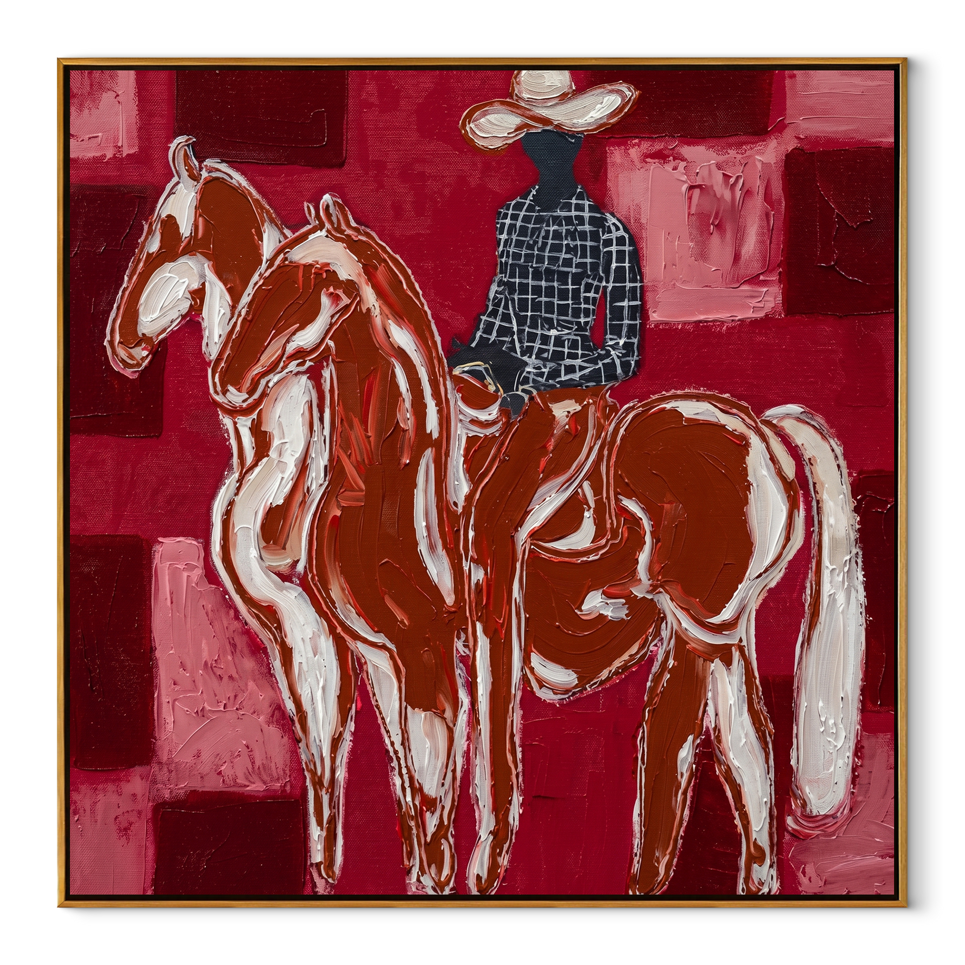 White Horses Face Away - two horse riders painting by Isabelle Laurent, modern Western square wall art – wood frame on white background