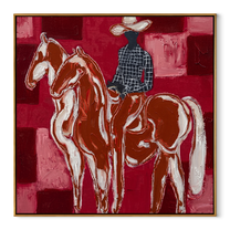 White Horses Face Away - two horse riders painting by Isabelle Laurent, modern Western square wall art – wood frame on white background