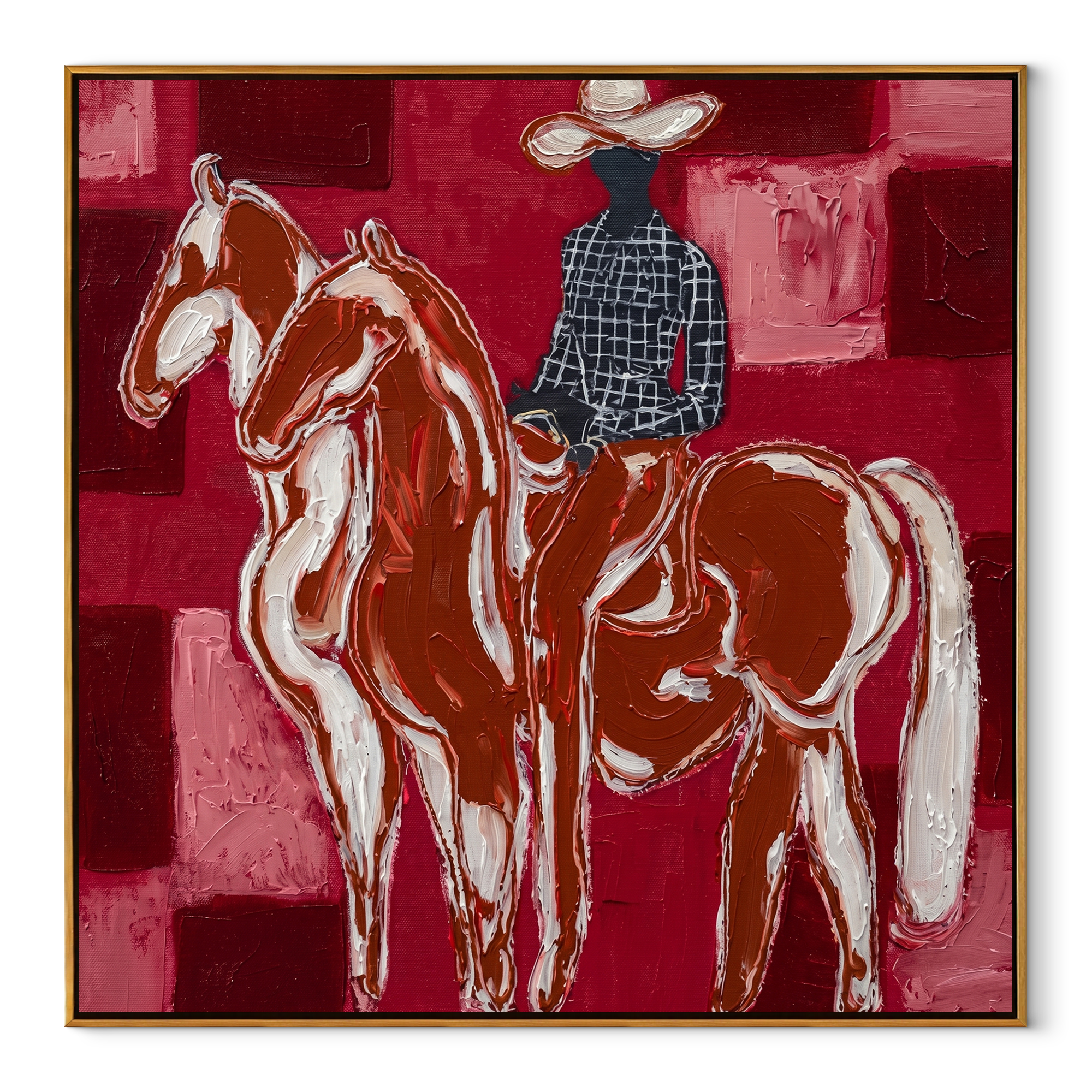 White Horses Face Away - two horse riders painting by Isabelle Laurent, modern Western square wall art – wood frame on white background