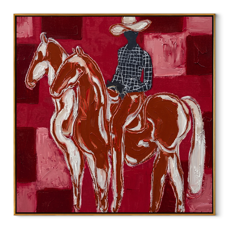 White Horses Face Away - Two Horse Riders Painting | Modern Western Square Wall Art