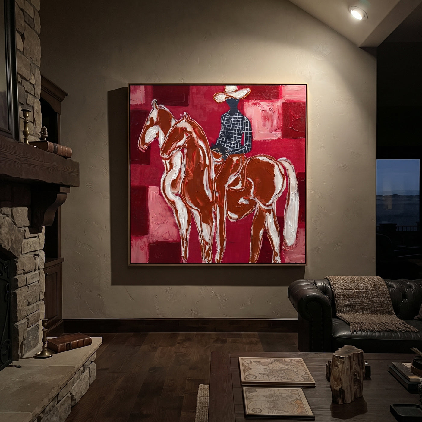 White Horses Face Away - two horse riders painting by Isabelle Laurent, modern Western square wall art – styled room scene view 2