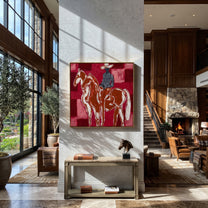 White Horses Face Away - two horse riders painting by Isabelle Laurent, modern Western square wall art – styled room scene view 3