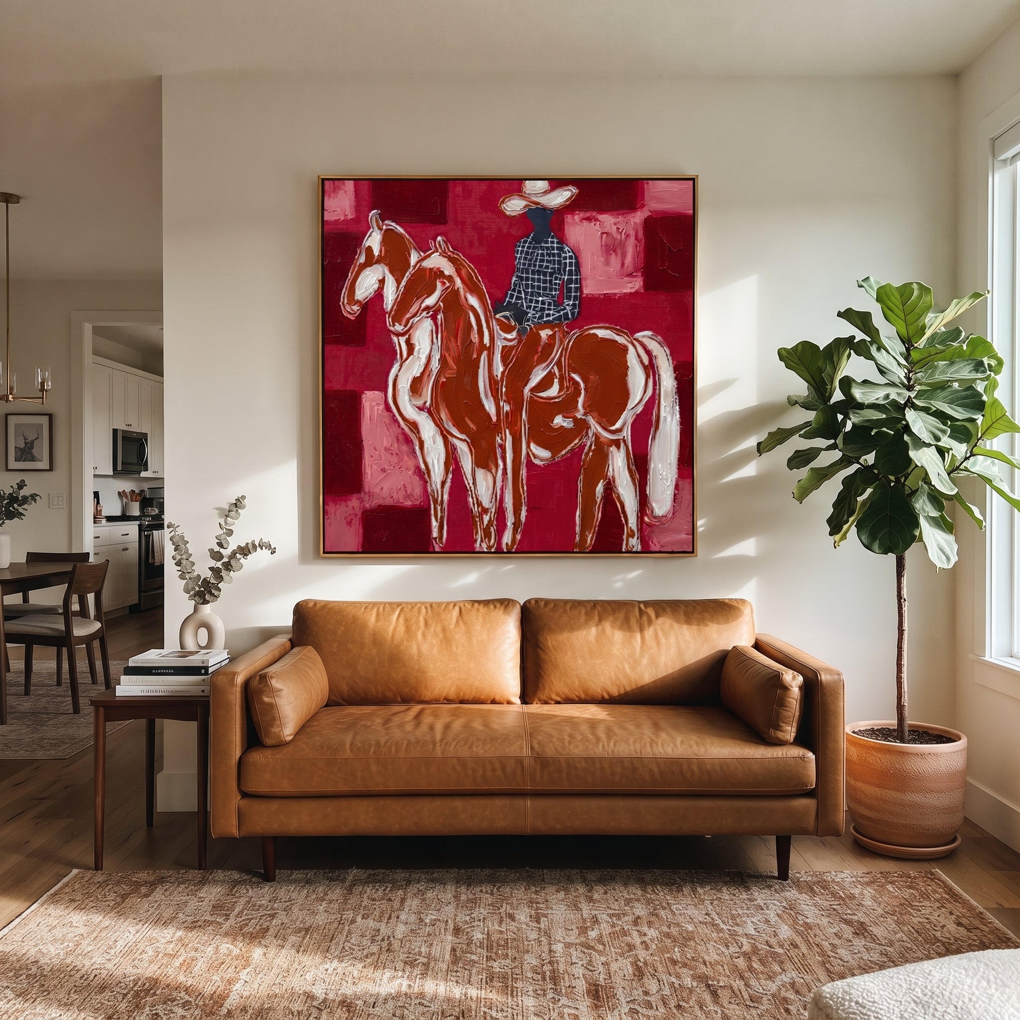 White Horses Face Away - two horse riders painting by Isabelle Laurent, modern Western square wall art – styled room scene view 4
