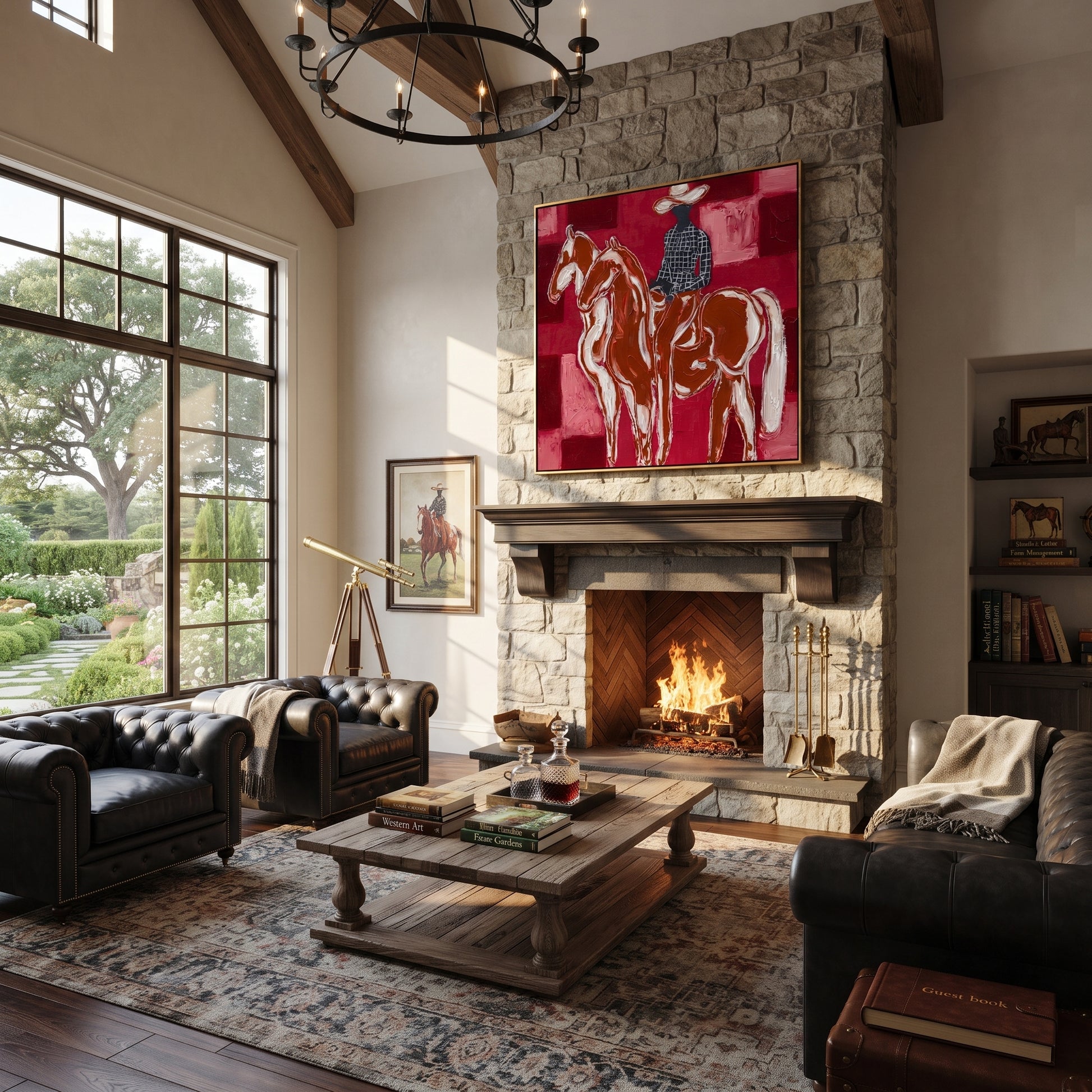 White Horses Face Away - two horse riders painting by Isabelle Laurent, modern Western square wall art – styled room scene view 5