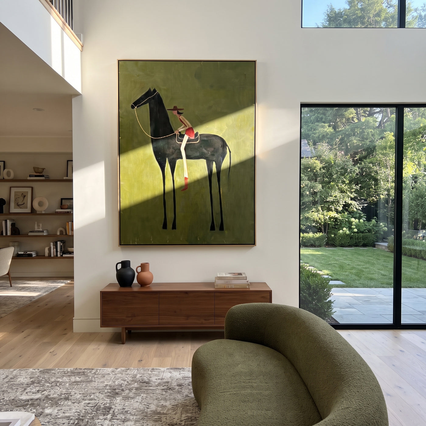 Long Reins Reach Green - tall horse rider painting by Isabelle Laurent, modern Western vertical wall art – styled room scene view 1