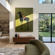 Long Reins Reach Green - tall horse rider painting by Isabelle Laurent, modern Western vertical wall art – styled room scene view 1