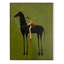 Long Reins Reach Green - tall horse rider painting by Isabelle Laurent, modern Western vertical wall art – wood frame on white background
