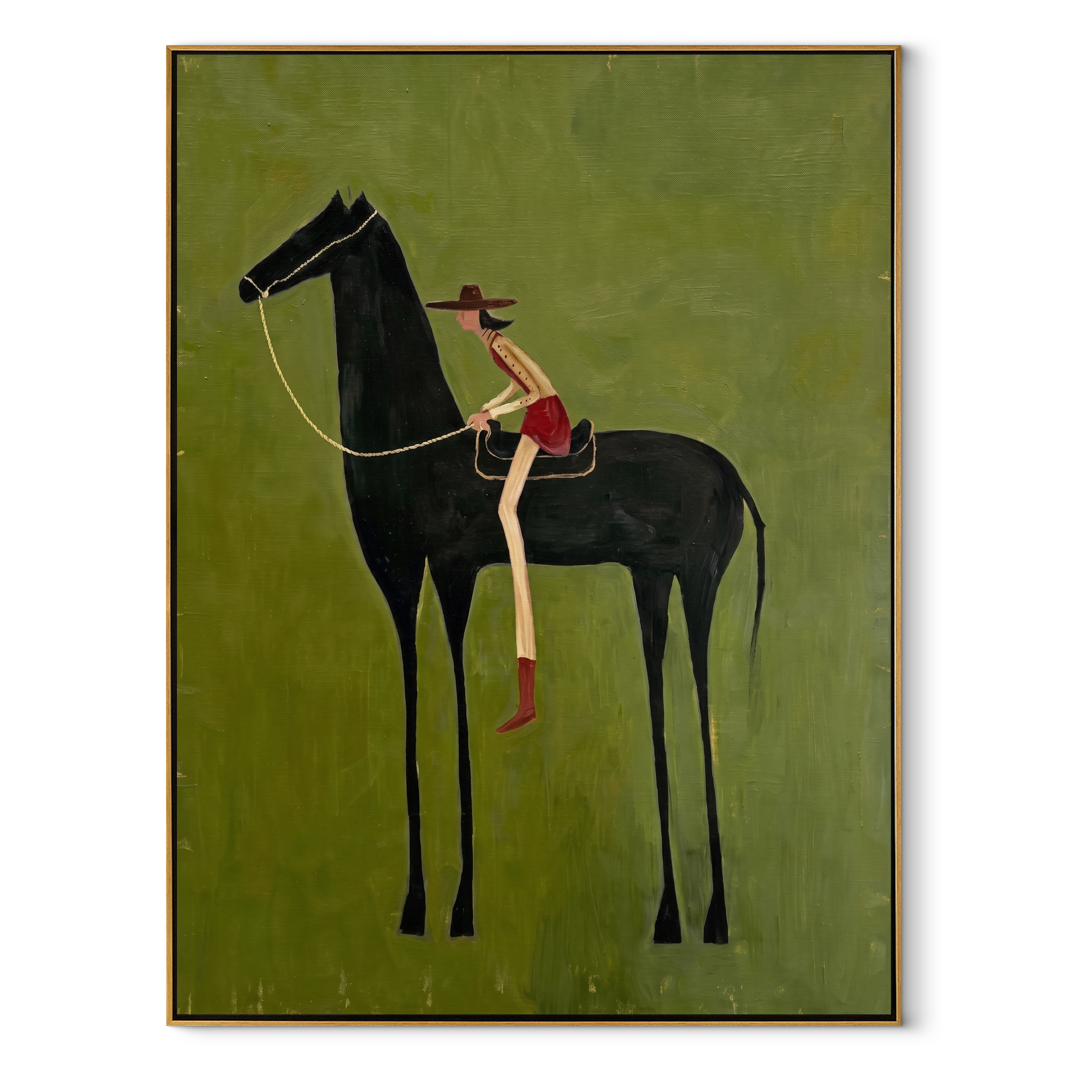 Long Reins Reach Green - tall horse rider painting by Isabelle Laurent, modern Western vertical wall art – wood frame on white background