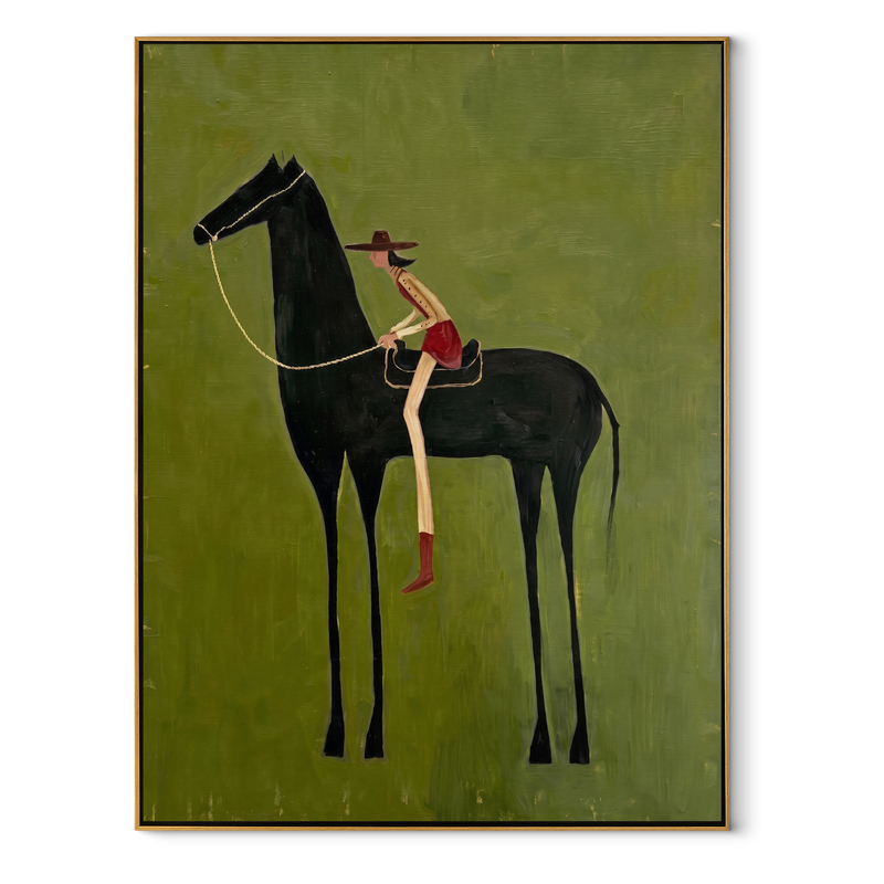 Long Reins Reach Green - Tall Horse Rider Painting | Modern Western Vertical Wall Art