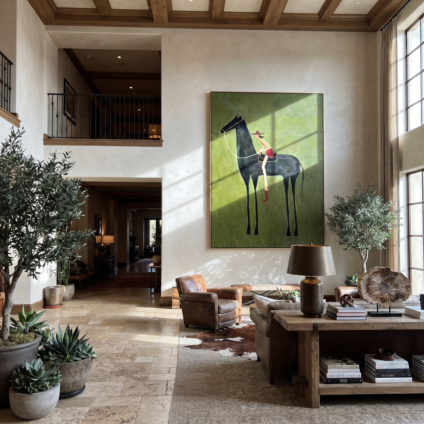 Long Reins Reach Green - tall horse rider painting by Isabelle Laurent, modern Western vertical wall art – styled room scene view 2
