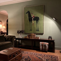Long Reins Reach Green - tall horse rider painting by Isabelle Laurent, modern Western vertical wall art – styled room scene view 3