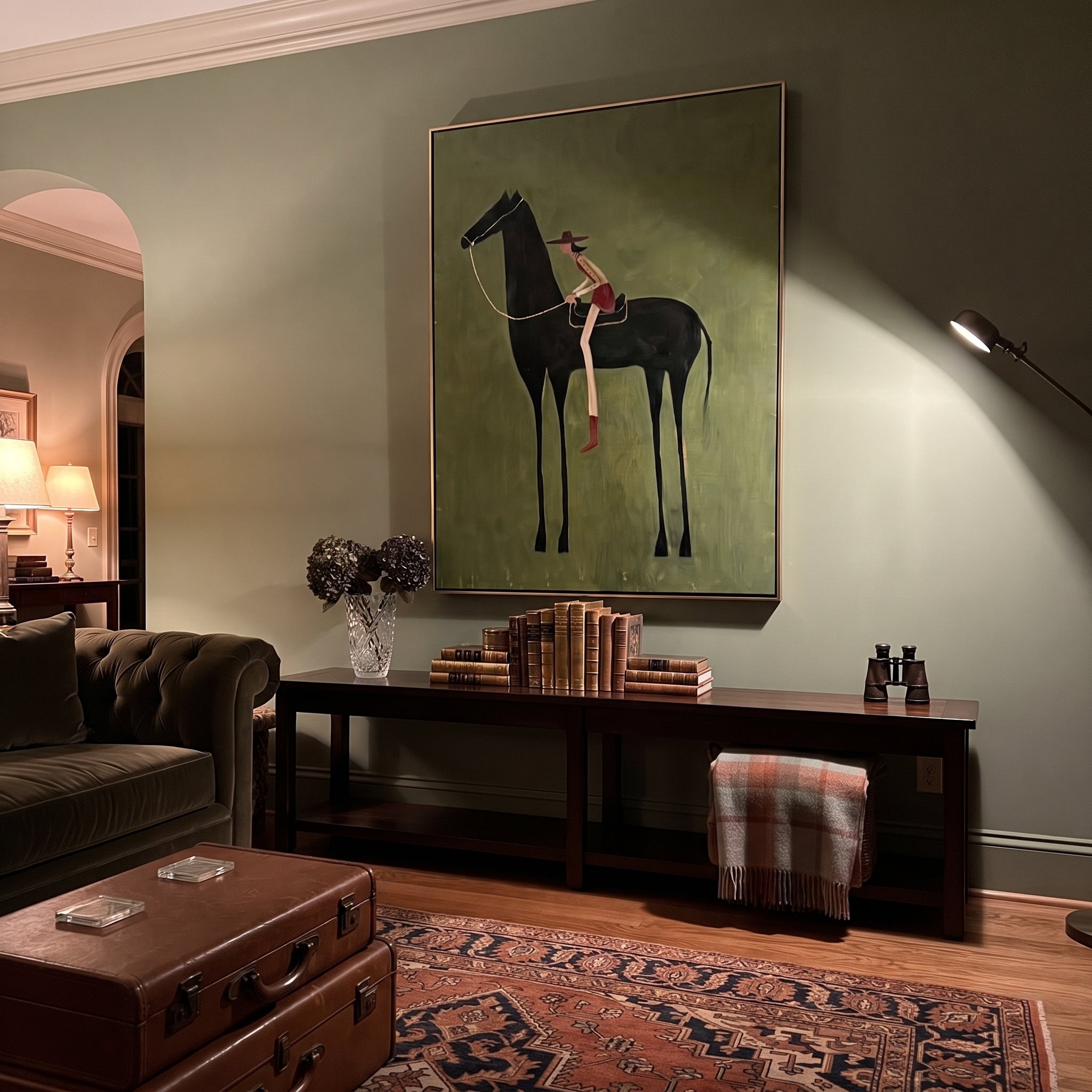 Long Reins Reach Green - tall horse rider painting by Isabelle Laurent, modern Western vertical wall art – styled room scene view 3
