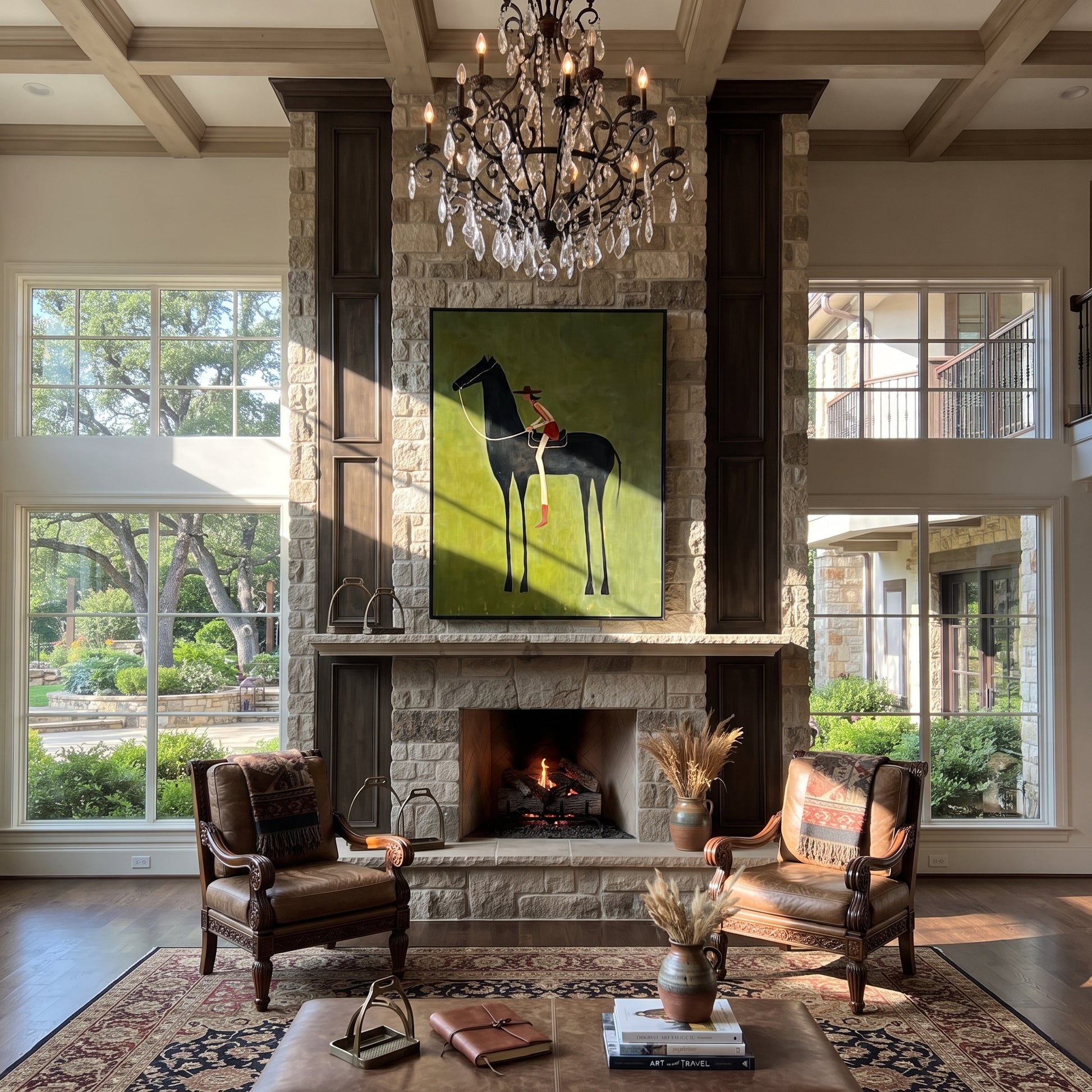Long Reins Reach Green - tall horse rider painting by Isabelle Laurent, modern Western vertical wall art – styled room scene view 4