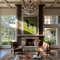 Long Reins Reach Green - tall horse rider painting by Isabelle Laurent, modern Western vertical wall art – styled room scene view 4