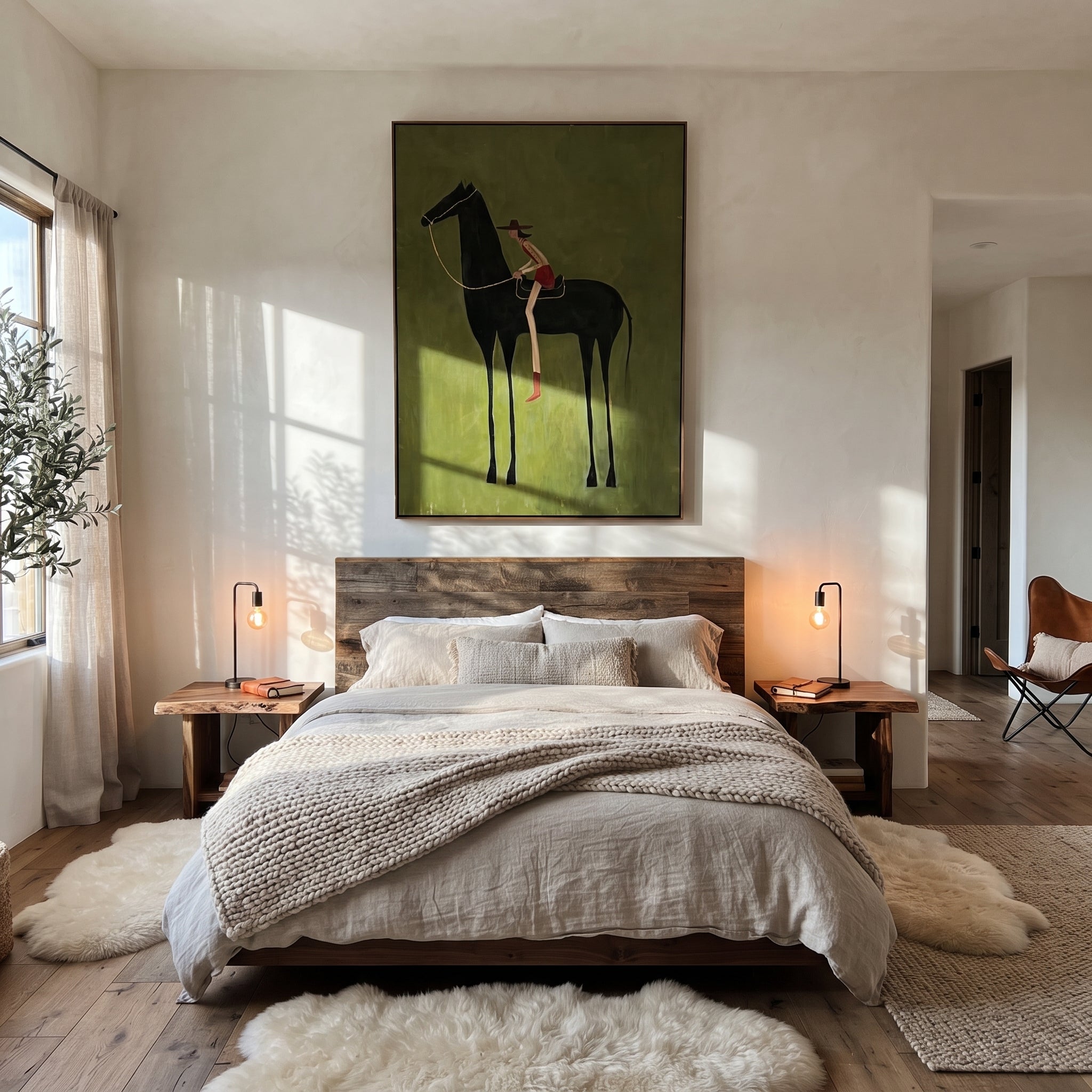 Long Reins Reach Green - tall horse rider painting by Isabelle Laurent, modern Western vertical wall art – styled room scene view 5