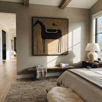 Bird Guards Empty Saddle - saddled black horse painting by Isabelle Laurent, modern Western square wall art – styled room scene view 1