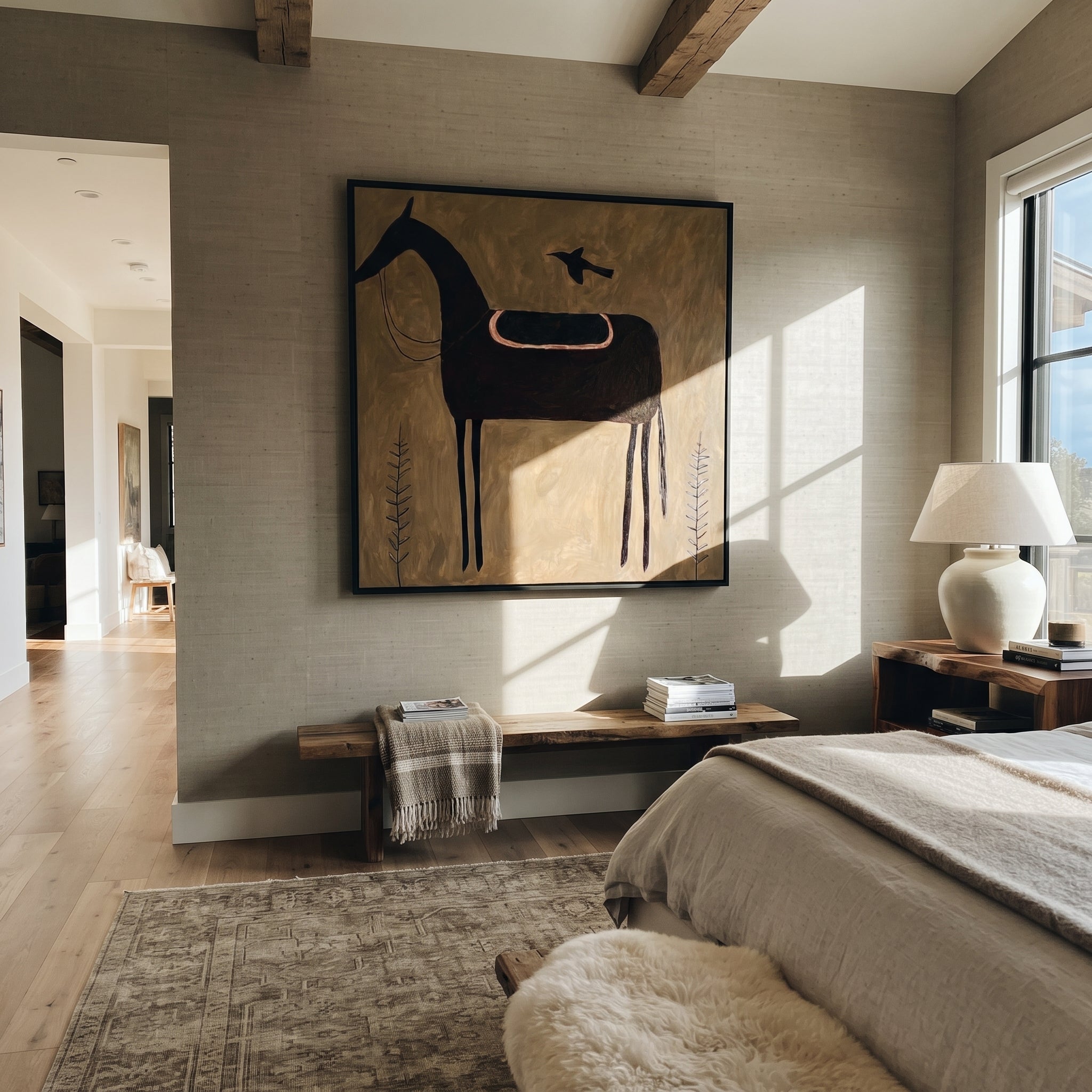 Bird Guards Empty Saddle - saddled black horse painting by Isabelle Laurent, modern Western square wall art – styled room scene view 1