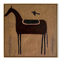 Bird Guards Empty Saddle - saddled black horse painting by Isabelle Laurent, modern Western square wall art – wood frame on white background