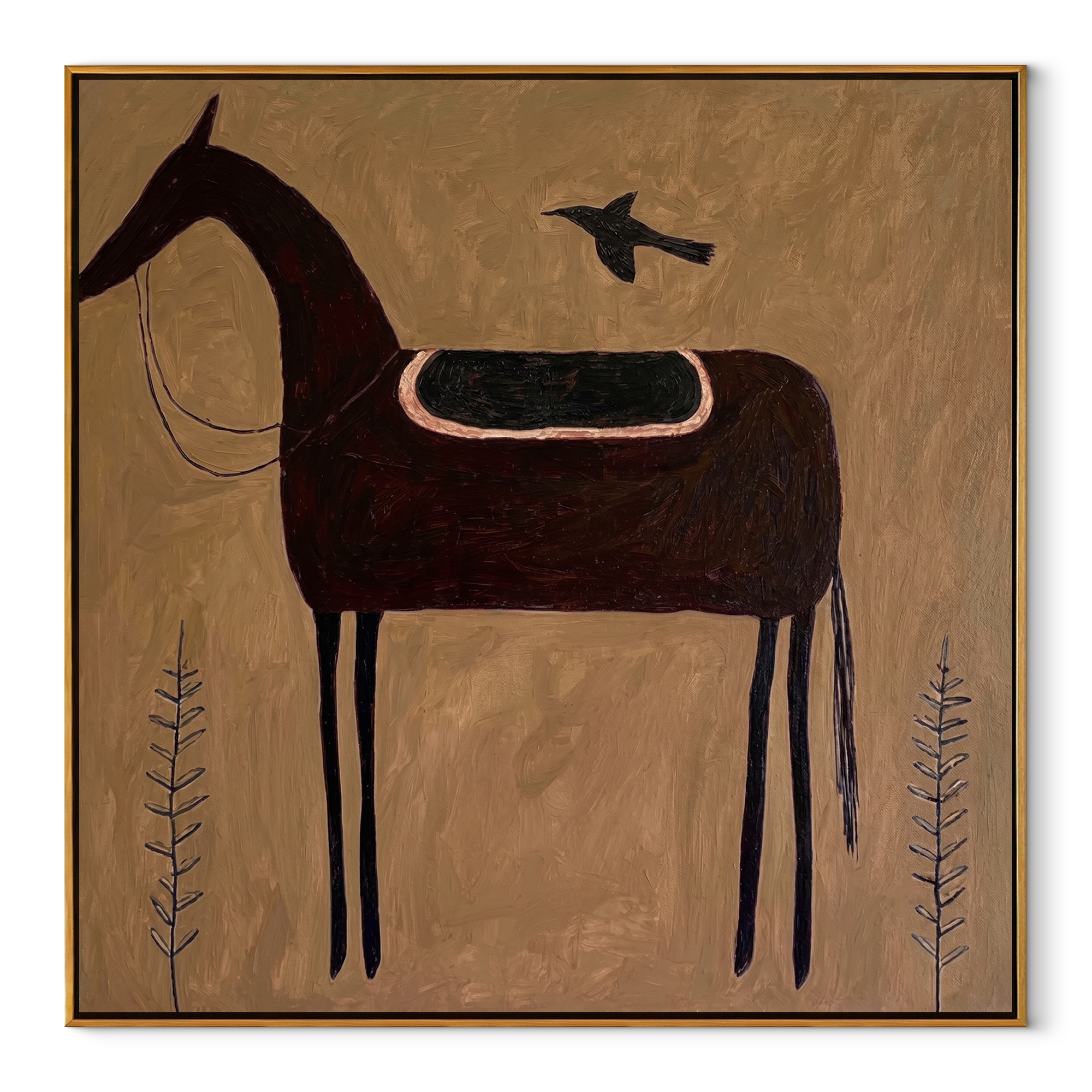 Bird Guards Empty Saddle - saddled black horse painting by Isabelle Laurent, modern Western square wall art – wood frame on white background